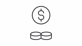 Financial growth line animation. Growing column of coins and dollar sign animated icon. Wealth management. Black illustration on white background. HD video with alpha channel. Motion graphic