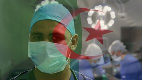 Animation of waving algeria flag over portrait of biracial male surgeon in surgical mask at hospital. Global medical healthcare concept - Powered by Shutterstock - Get 15% off with code: PIKWIZARD15