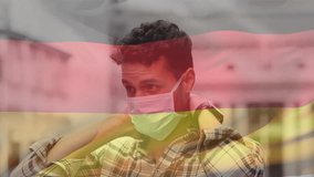 Animation of waving germany flag against biracial man adjusting his face mask on the street. Global covid-19 pandemic concept - Powered by Shutterstock - Get 15% off with code: PIKWIZARD15