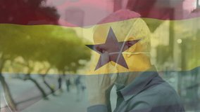 Animation of waving ghana flag against portrait of asian woman wearing face mask on the street. Global covid-19 pandemic concept - Powered by Shutterstock - Get 15% off with code: PIKWIZARD15