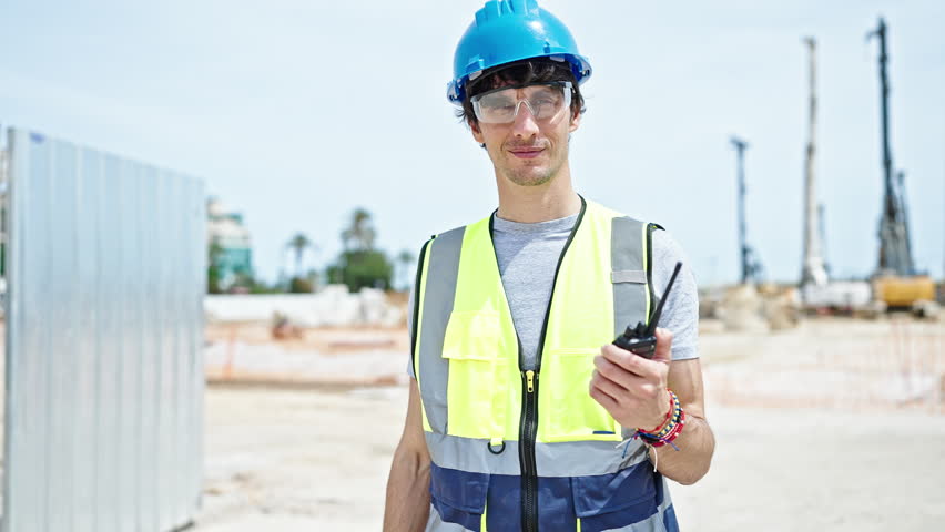 Young hispanic man architect holding walkie-talkie doing thumb up gesture at construction place Royalty-Free Stock Footage #1108836983
