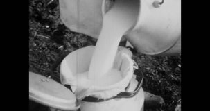 Close-up, milk pouring in can on farm, top view. Cow milk production on industrial, factory farm. Dairy products in countryside farming. 1960s. Vintage black white archival film. Retro archive