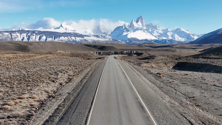 Famous Ruta 40 At El Chalten Patagonia Argentina. Road El Chalten Patagonia. Wild Life Car Driving Deserted Road. Nature Ruta 40 Argentina. El Chalten Alpine Winter Day Environment Patagonia Argentina Royalty-Free Stock Footage #1108839177