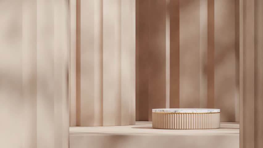 seamless loop shadow animation with brown pillar background, 3d render footage blank mockup of white marble podium