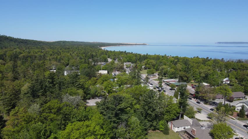 Downtown Glen Arbor near lake Michigan, aerial drone view