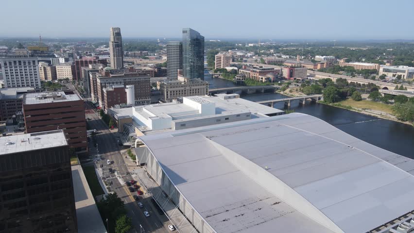 Downtown Grand Rapids, with the DeVos Place in foreground, aerial drone view