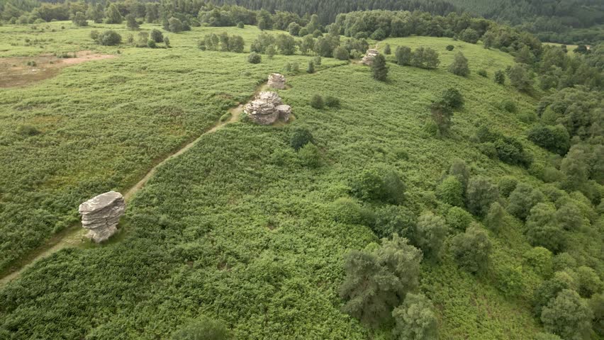 4k Aerial of Bridstones sandstone rock formations in Dalby Forest, North Yorkshire