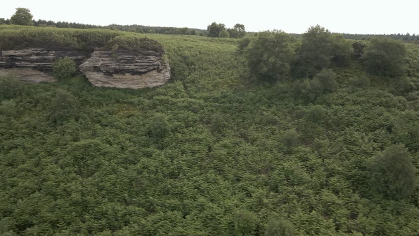 4k Aerial footage of Bridstones sandstone rock formations in Dalby Forest, North Yorkshire