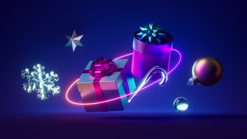 Endless 3d animation, Christmas neon background with gift boxes and festive ornaments levitate spin and rotate. Holiday wallpaper | Shutterstock HD Video #1108849937