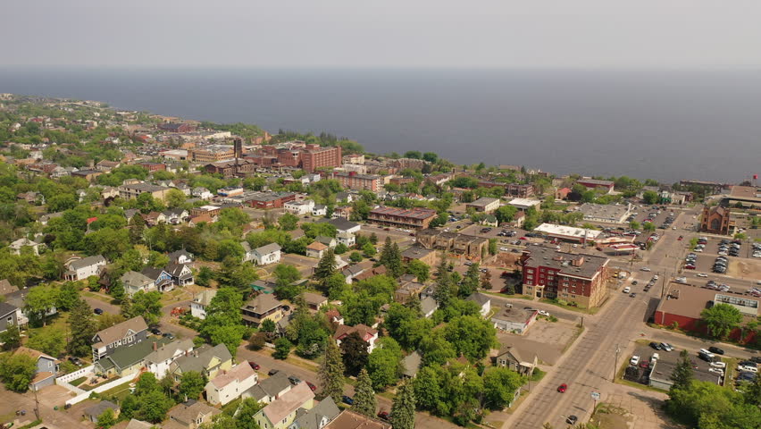 Duluth, Minnesota: Urban cityscape, houses, Midwest USA. Aerial view of vibrant neighborhoods near Lake Superior.