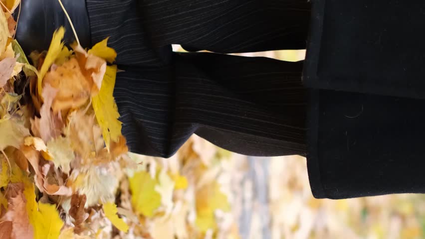 Golden autumn. An elderly grandfather with a cane walks in the park on a carpet of yellow leaves. 