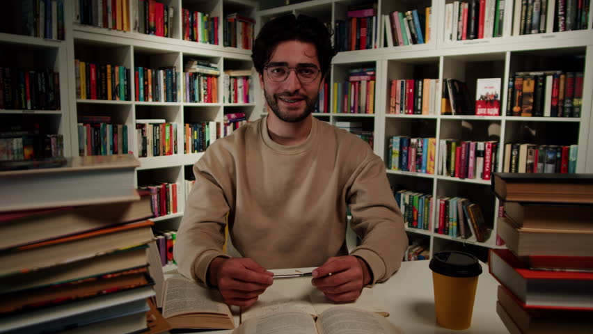 Man reading Book in University Library, Book Shop or Store, Spanish Student Wearing Glasses Standing near Bookshelf Reads Book and Exam Preparations.  | Shutterstock HD Video #1108857219