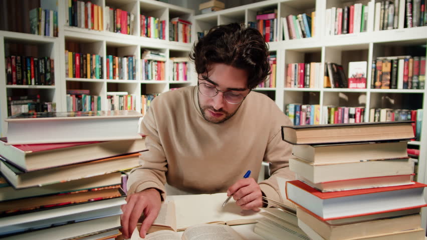 Man reading Book in University Library, Book Shop or Store, Spanish Student Wearing Glasses Standing near Bookshelf Reads Book and Exam Preparations.  | Shutterstock HD Video #1108857221