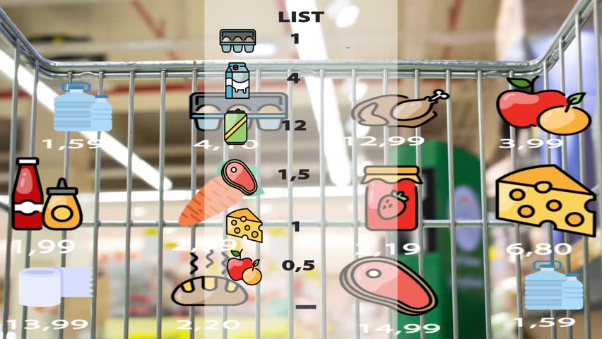 Futuristic shopping trolley in grocery store. Supermarket cart with holographic interface showing goods prices. Augmented reality. Animation.