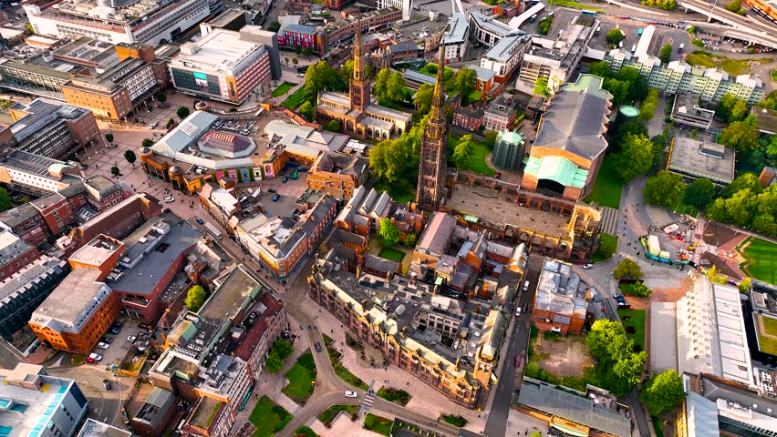 Aerial view of Coventry, a city in central England known for the medieval Coventry Cathedral and statue of lady Godiva