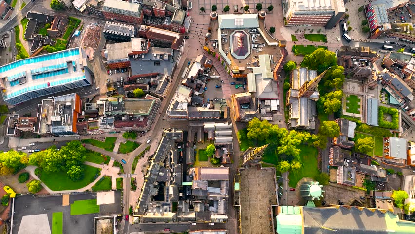Aerial view of Coventry, a city in central England known for the medieval Coventry Cathedral and statue of lady Godiva