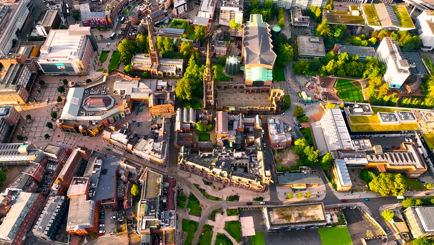 Aerial view of Coventry, a city in central England known for the medieval Coventry Cathedral and statue of lady Godiva