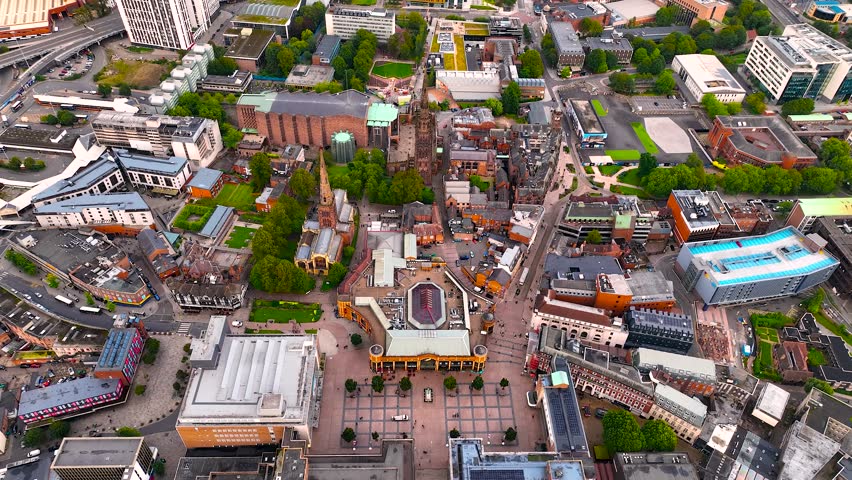 Aerial view of Coventry, a city in central England known for the medieval Coventry Cathedral and statue of lady Godiva