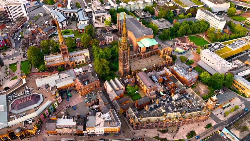 Aerial view of Coventry, a city in central England known for the medieval Coventry Cathedral and statue of lady Godiva
