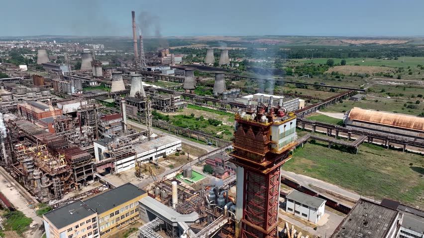 Aerial view of chemical plant. Drone shot. Billowing steam from smoke stack filling sky. Smoking chimneys from factory. Chimneys of big oil refinery polluting environment. | Shutterstock HD Video #1108877845