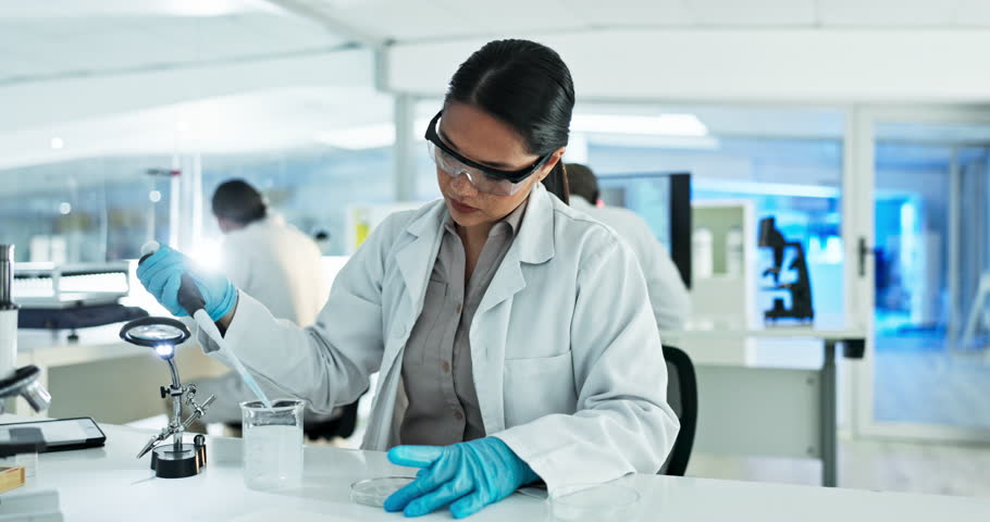 Research, dropper or scientist in laboratory for particles, medical study or test experiment. Data analysis info, pipette or Asian woman with chemical liquid for development on petri dish results | Shutterstock HD Video #1108879343