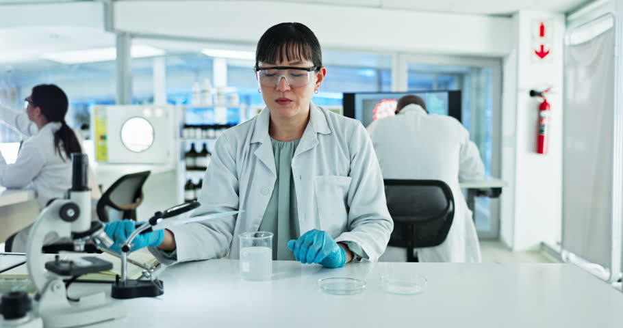 Research, pipette or scientist in laboratory for particles, medical study or test experiment. Data analysis info, dropper or Asian woman with chemical liquid for development on petri dish results | Shutterstock HD Video #1108879351
