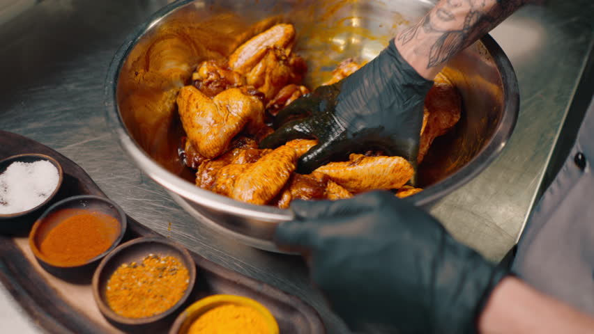 professional restaurant kitchen chef stirs chicken wings with spices in bowl asian dish close-up