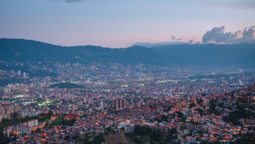 Dusk to night timelapse view of Medellin cityscape, Antioquia Department, Colombia.