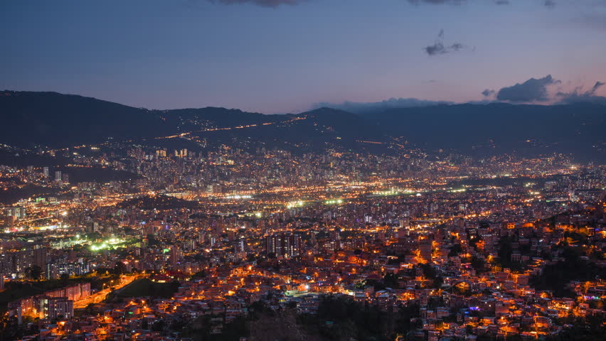 Dusk to night timelapse view of Medellin cityscape, Antioquia Department, Colombia.