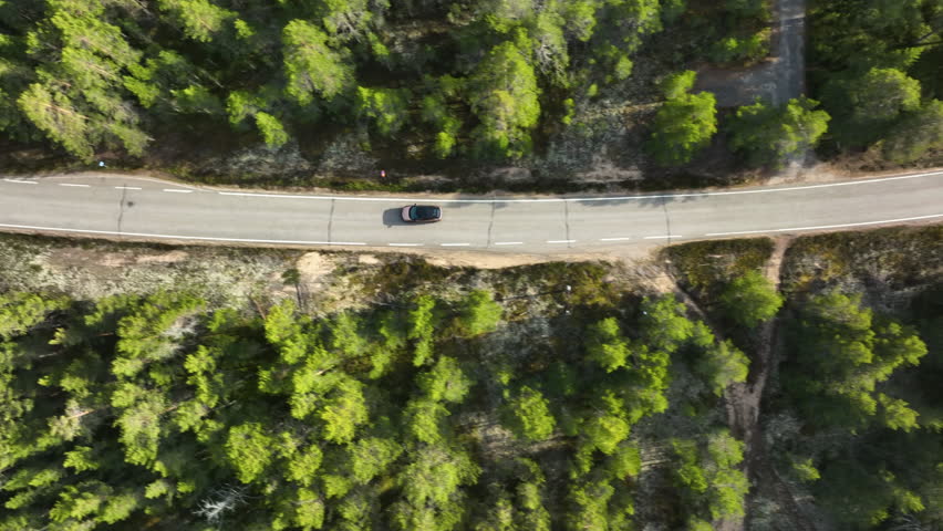 Aerial top down shot above a electric car driving in middle of spring forest Royalty-Free Stock Footage #1108888693