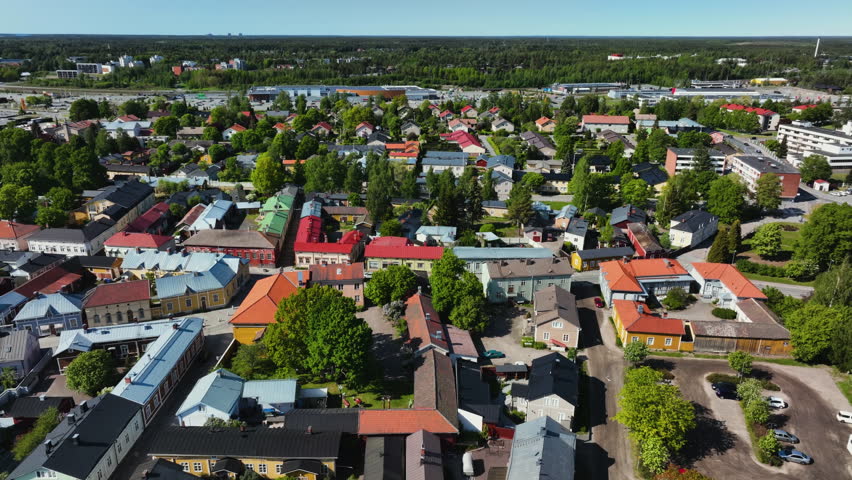 Aerial view overlooking the old town of Rauma, sunny, summer day in Finland