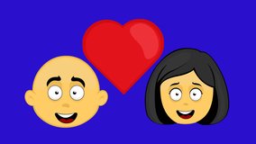 video animation emoticons faces cartoon characters male and female in love with a heart. On a blue chroma key background