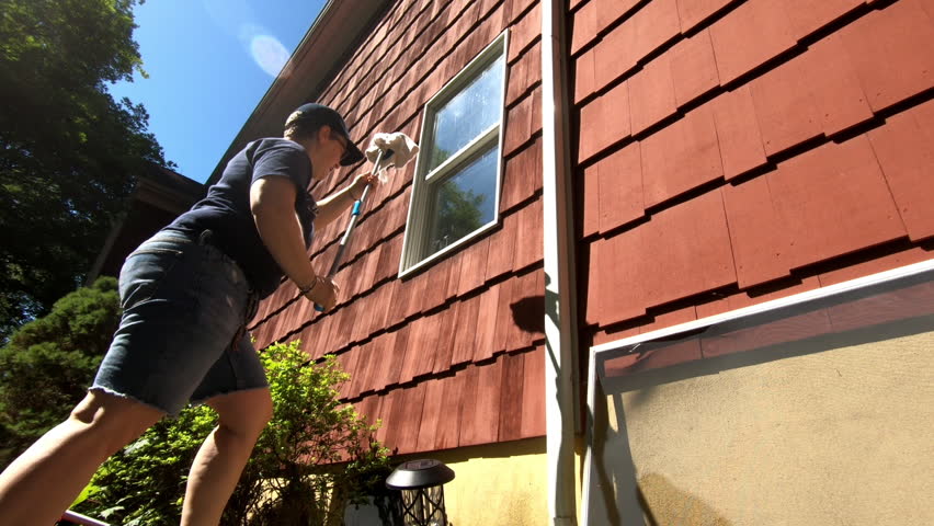 Woman cleaning house window from the outside in the spring | Shutterstock HD Video #1108895381