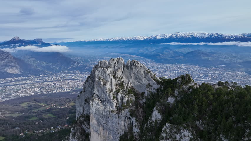 Beautiful aerial flight over Alps rocky limestone Grenoble France 