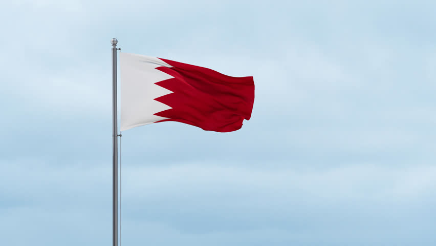 Bahrain flag waving in the wind, cloudy blue sky with running clouds, endless seamless loop