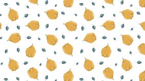 Animated seamless pattern with quince fruit whole and leaves. Exotic fruit party. Design element. Looped video background