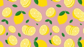 Animated seamless pattern with lemon with piece of citrus. Lemon with zest and leaves. Design element. Looped video background