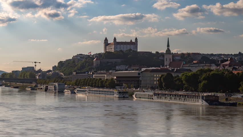 Bratislava city skyline aerial view time lapse, bratislava caslte old town view, bratislava old town river time lapse.