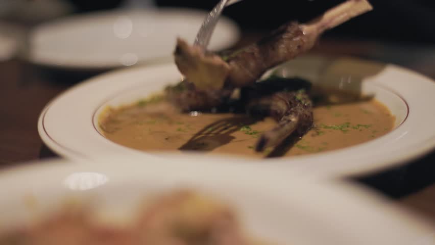 Dining out at restaurant, gourmet, lamb and shrimp. 4K 24FPS