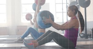 Animation of graph processing data over diverse women cross training with medicine balls at gym. Fitness, exercise, strength, data, digital interface and technology digitally generated video.