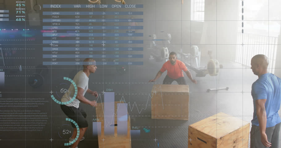 Animation of data on interface over diverse male group jumping on boxes cross training at gym. Fitness, exercise, strength, data, digital interface and technology digitally generated video. | Shutterstock HD Video #1108916205