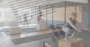 Animation of interface processing data over diverse women cross training at gym. Fitness, exercise, strength, data, digital interface and technology digitally generated video.