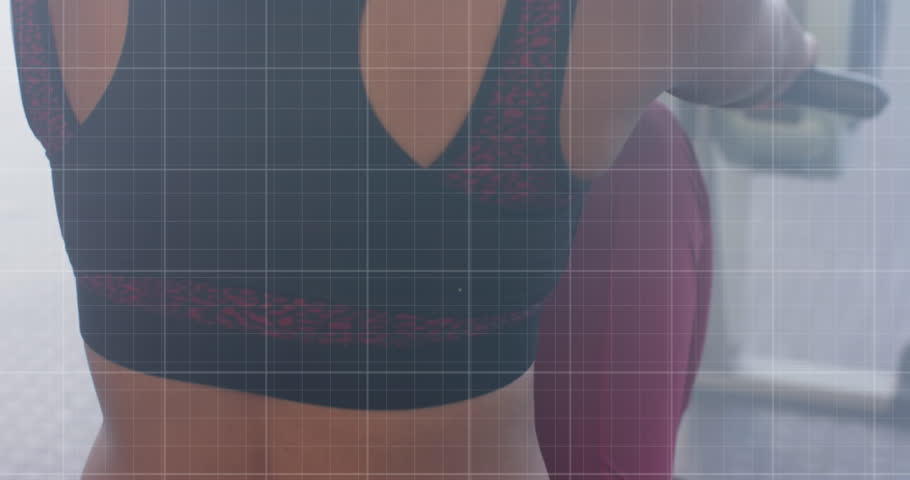 Animation of graph processing data over midsection of biracial woman using rowing machine at gym. Fitness, exercise, strength, data, digital interface and technology digitally generated video. | Shutterstock HD Video #1108916251