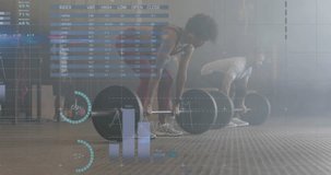 Animation of interface processing data over diverse man and woman lifiting barbell weights at gym. Fitness, exercise, strength, data, digital interface and technology digitally generated video.
