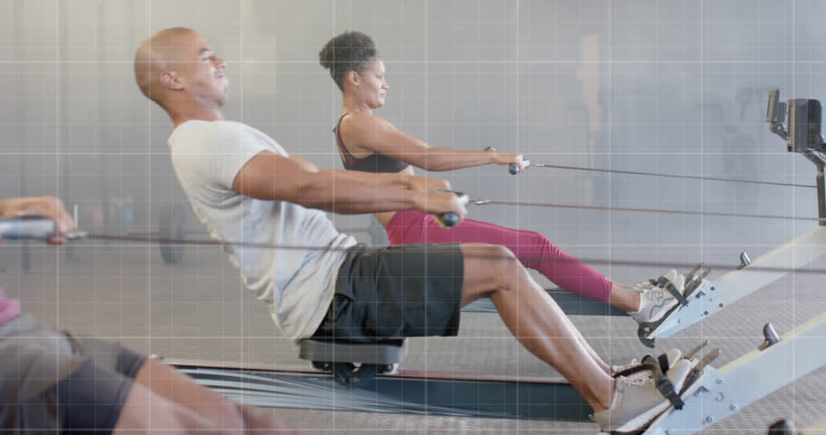 Animation of graph processing data over diverse men and woman training on rowing machines at gym. Fitness, exercise, strength, data, digital interface and technology digitally generated video. | Shutterstock HD Video #1108916279