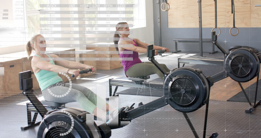 Animation of interface processing data over diverse women training on rowing machines at gym. Fitness, exercise, strength, data, digital interface and technology digitally generated video. | Shutterstock HD Video #1108916337