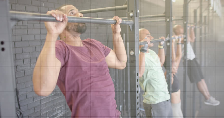 Animation of graph processing data over diverse group on pull up bars cross training at gym. Fitness, exercise, strength, data, digital interface and technology digitally generated video. | Shutterstock HD Video #1108916475