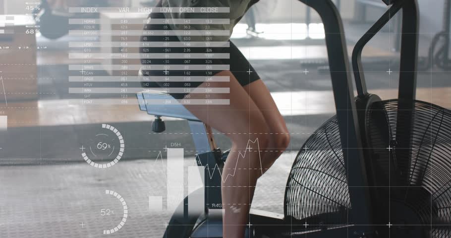 Animation of interface processing data over caucasian woman cross training on elliptical at gym. Fitness, exercise, strength, data, digital interface and technology digitally generated video. | Shutterstock HD Video #1108916477