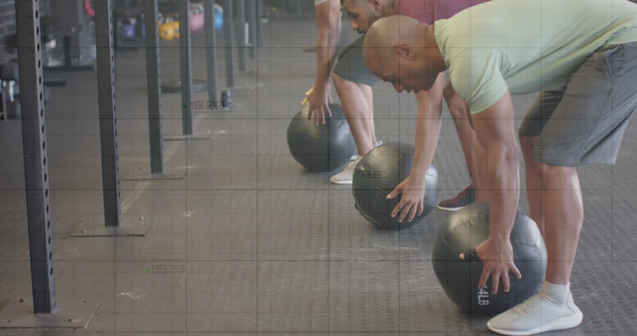 Animation of graph processing data over diverse male group cross training with medicine balls at gym. Fitness, exercise, strength, data, digital interface and technology digitally generated video. | Shutterstock HD Video #1108916547