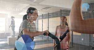 Animation of graph processing data over caucasian woman on elliptical cheered by friends at gym. Fitness, exercise, strength, data, digital interface and technology digitally generated video.